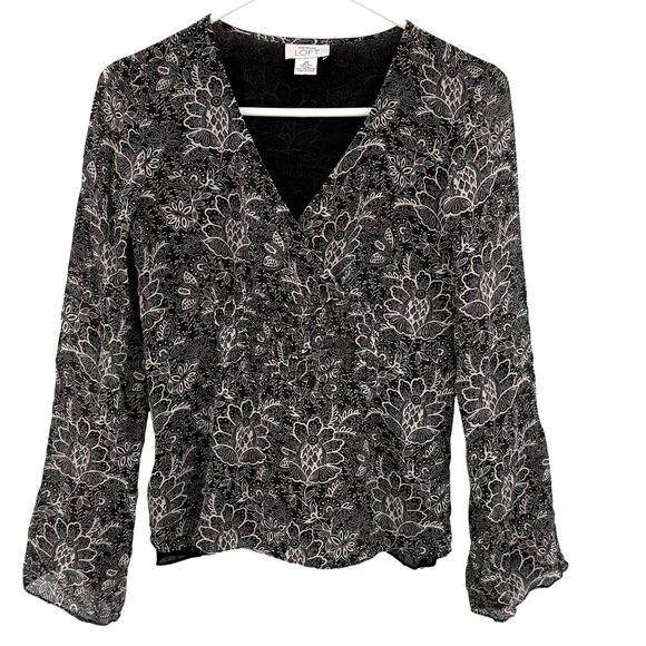 2/$18 SALE! Ann Taylor Loft XS Black Floral Faux Wrap Top 100% Silk Shell V Neck - Picture 1 of 7